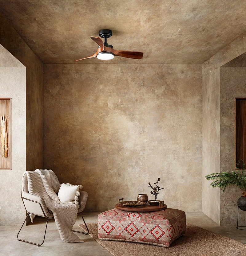 Ventilatore da soffitto pale in legno noce scuro struttura nera luce led cct