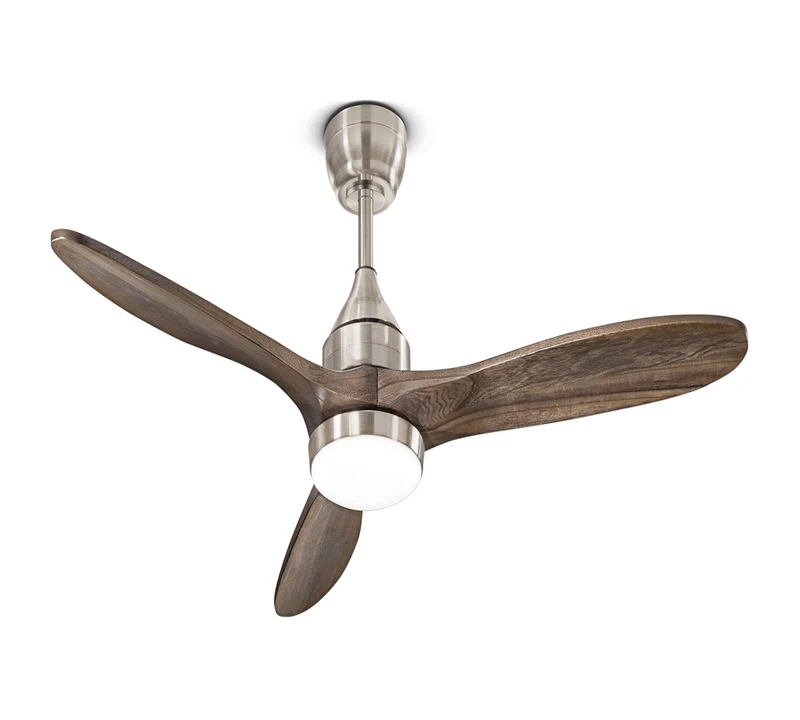 Ventilatore da soffitto luce led con pale in legno noce scuro e struttura cromo spazzolato