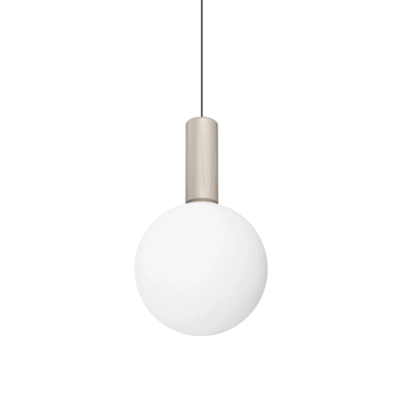 Lampada sospensione singola in metallo opaco e vetro soffiato bianco