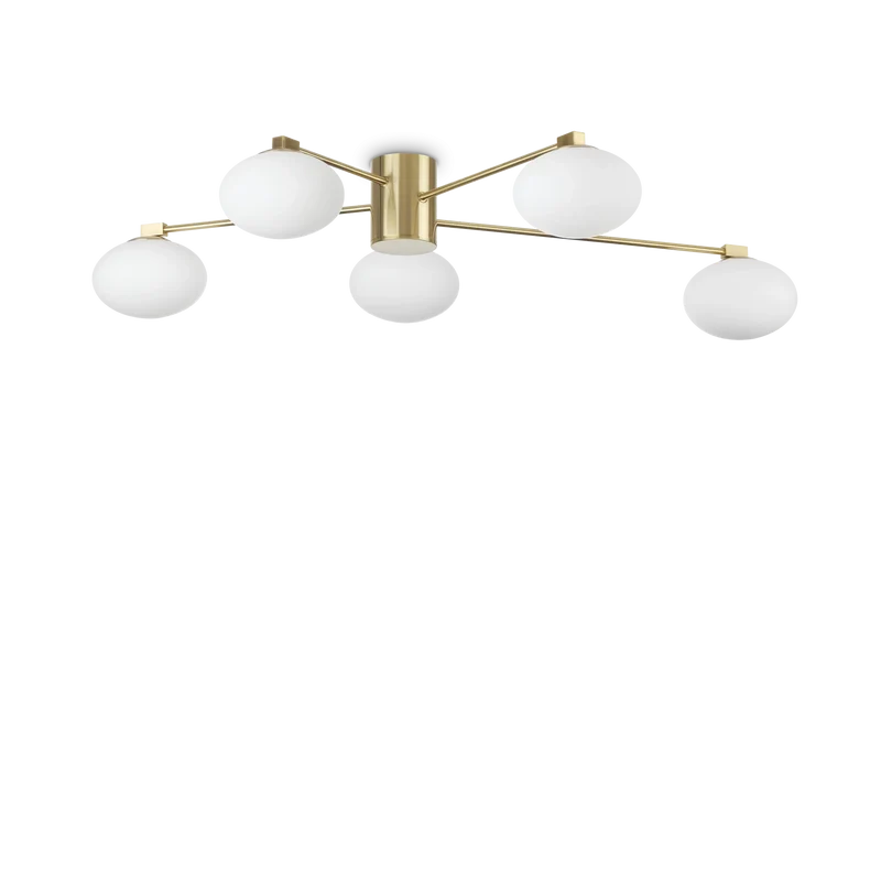 Plafoniera ottone satinato moderna 5 luci vetro bianco soffiato