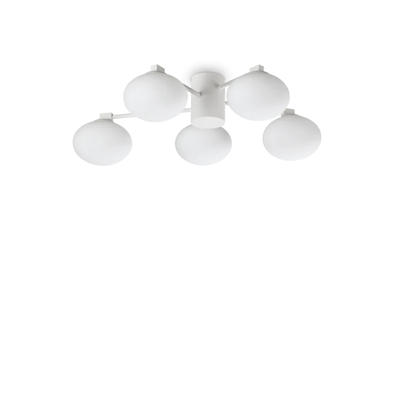 Plafoniera soffitto per interno 5 luci vetro soffiato bianca metallo