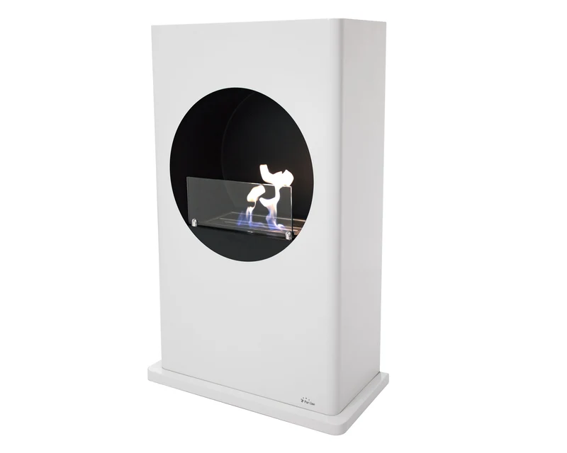 Camino a etanolo da pavimento, 2500W, design allungato in acciaio laccato bianco