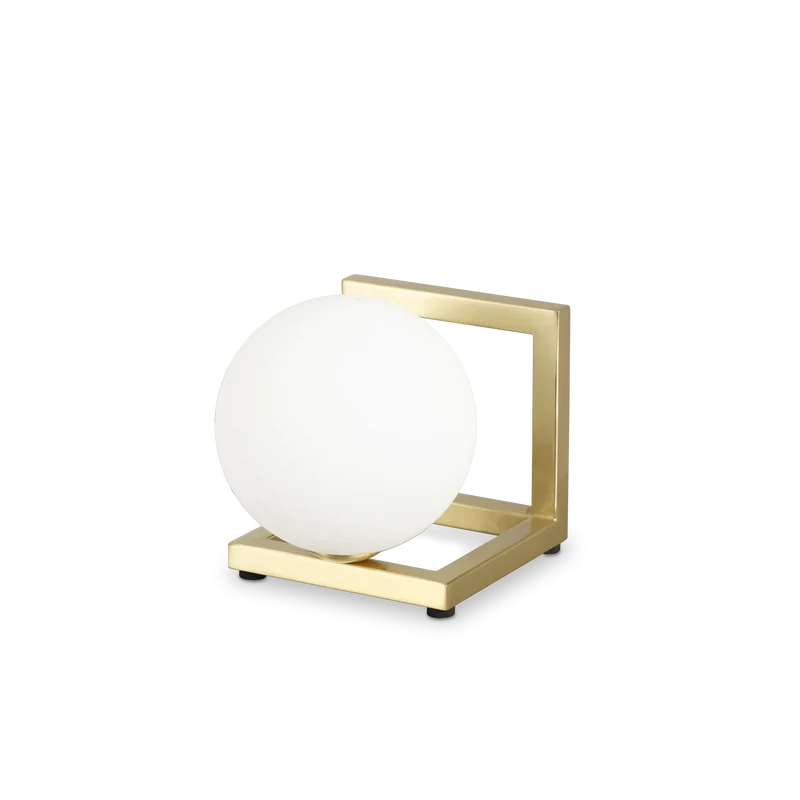 Lampada da tavolo ottone con sfera bianca vetro bianca