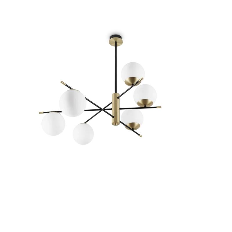 Plafoniera da soffitto nero e ottone con 6 luci sfera bianco