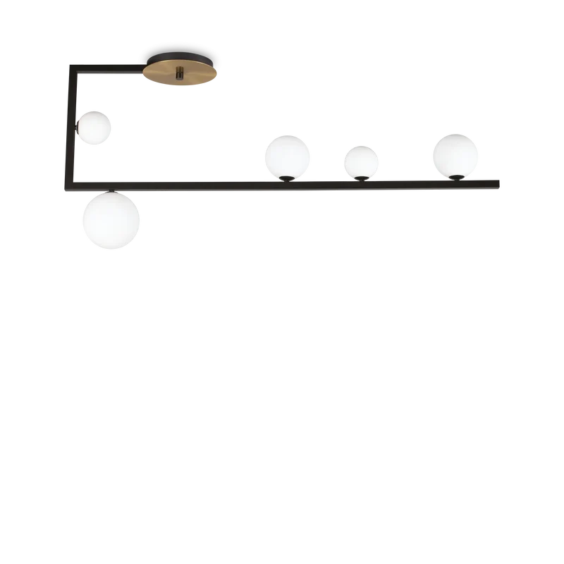 Plafoniera design per interno nera ottone 5 diffusori vetro bianco