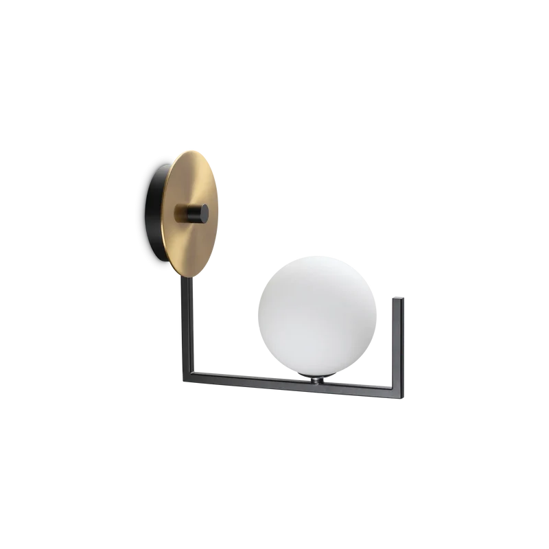 Applique da interno ottone e nero in metallo sfera vetro bianco
