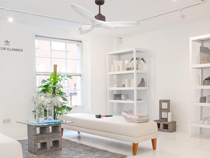 Ventilatore da soffitto Reversibile Termostato Dimmabile Wifi Motore CC Tetti inclinati Telecomando Luce a tre toni Hypersilence Memoria Shopify Vendible (AUTOMATICO)