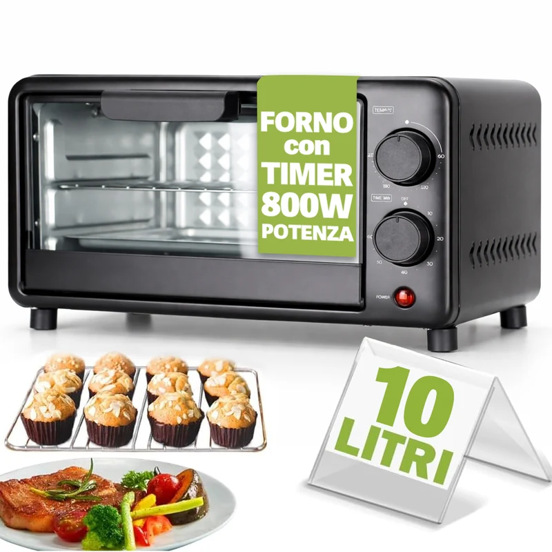 Forno Elettrico Capacità 10 Litri Potenza 800W Temperatura Regolabile e Timer Nero