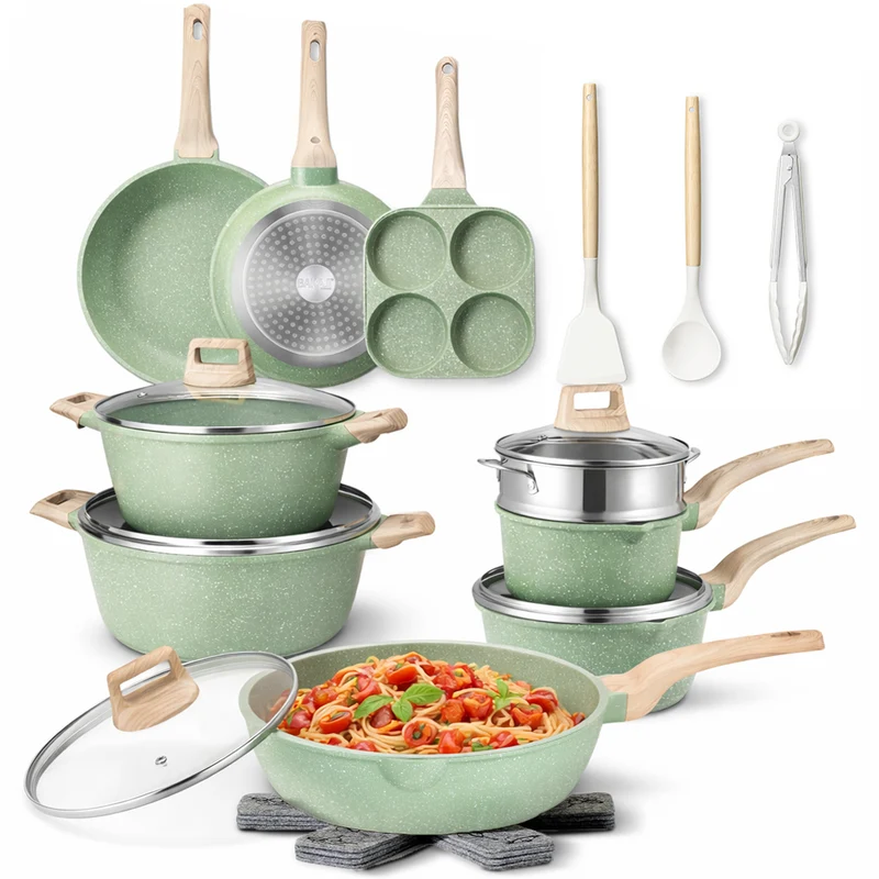 Batteria Pentole e Padelle 21 Pezzi in Alluminio Pressofuso Antiaderente Verde