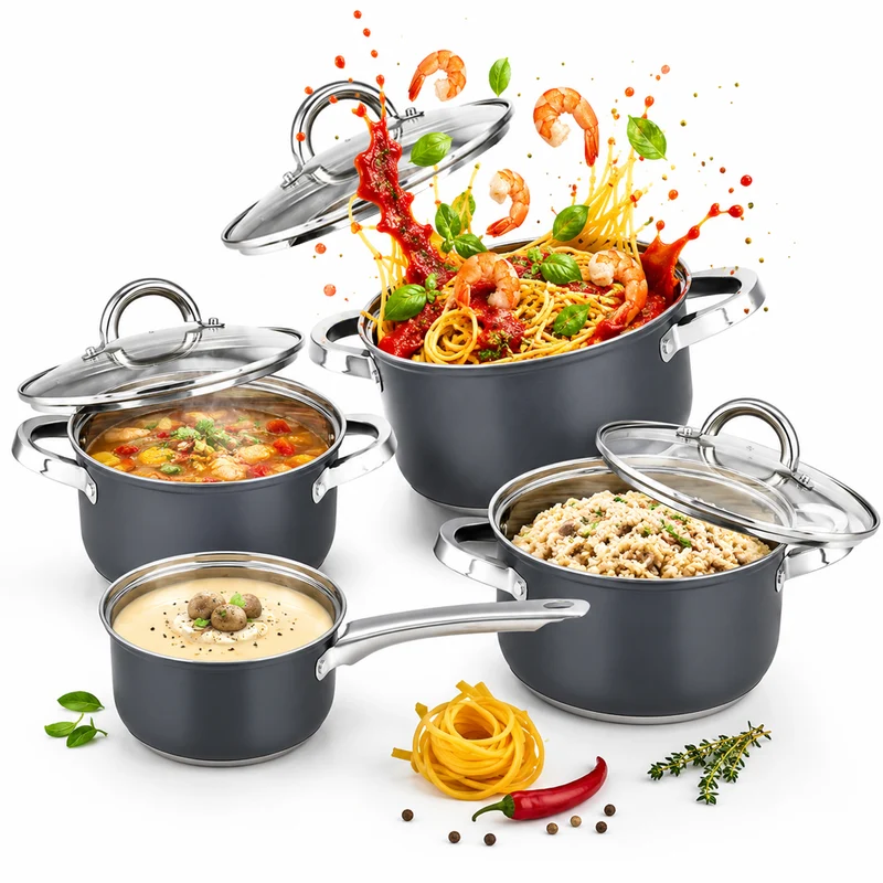 Batteria di Pentole 7 Pezzi Pentole Adatte a Tutti Piani Cottura con Coperchi in Acciaio Inox Grigio
