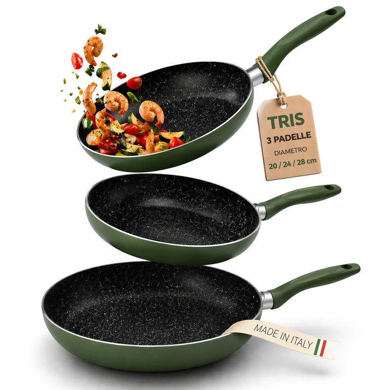 Set 3 Padelle da 20-24-28 cm Natura Più con Manico Cool Touch Fondo Antiaderente Verde