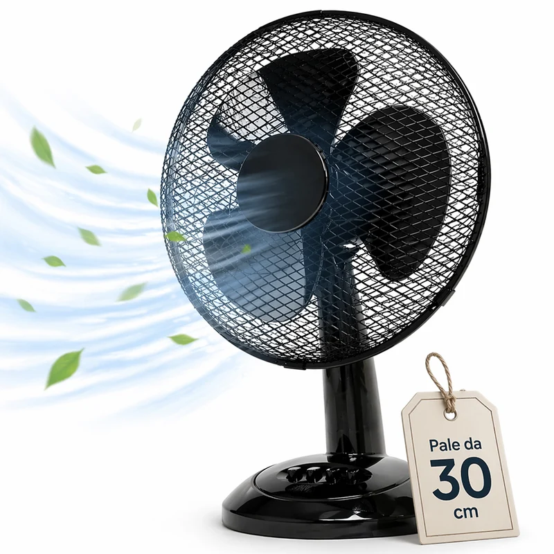 Ventilatore da Tavolo Ø30 cm Potenza 35W con 3 Velocità Silenzioso Nero