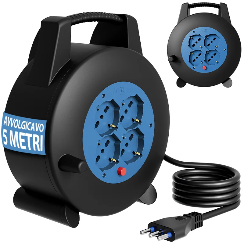 Avvolgicavo Multipresa 5 Metri con Interruttore di Protezione Prolunga 4 Prese Blu