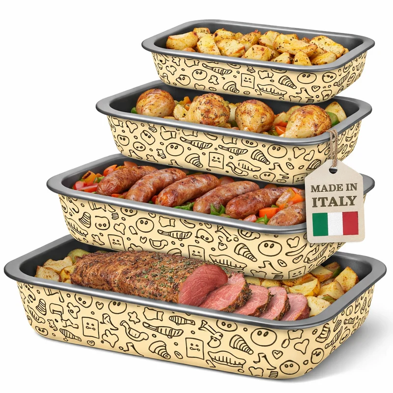 Set 4 Teglie Rettangolari con Alette 20-25-30-35 cm in Acciaio Antiaderente Beige