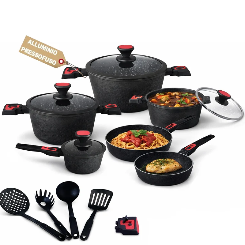 Set 24 Pezzi Batteria di Pentole Manici Removibili Rubino Suprem in Alluminio Pressofuso Nero