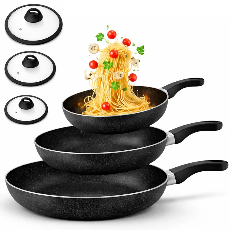 Set 6 Pezzi Padelle con Coperchio 20-24-28 cm in Alluminio Antiaderente Nero