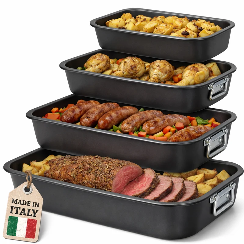 Set 4 Teglie Rettangolari Vulcano 20-25-30-35 cm Teglia da Cucina Antiaderente in Alluminio Nero