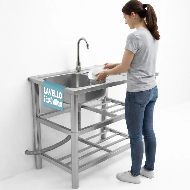 Lavello Cucina da Esterno 75x40x80cm Rubinetteria e Kit Sifone e 2 Ripiani in Acciaio Inox