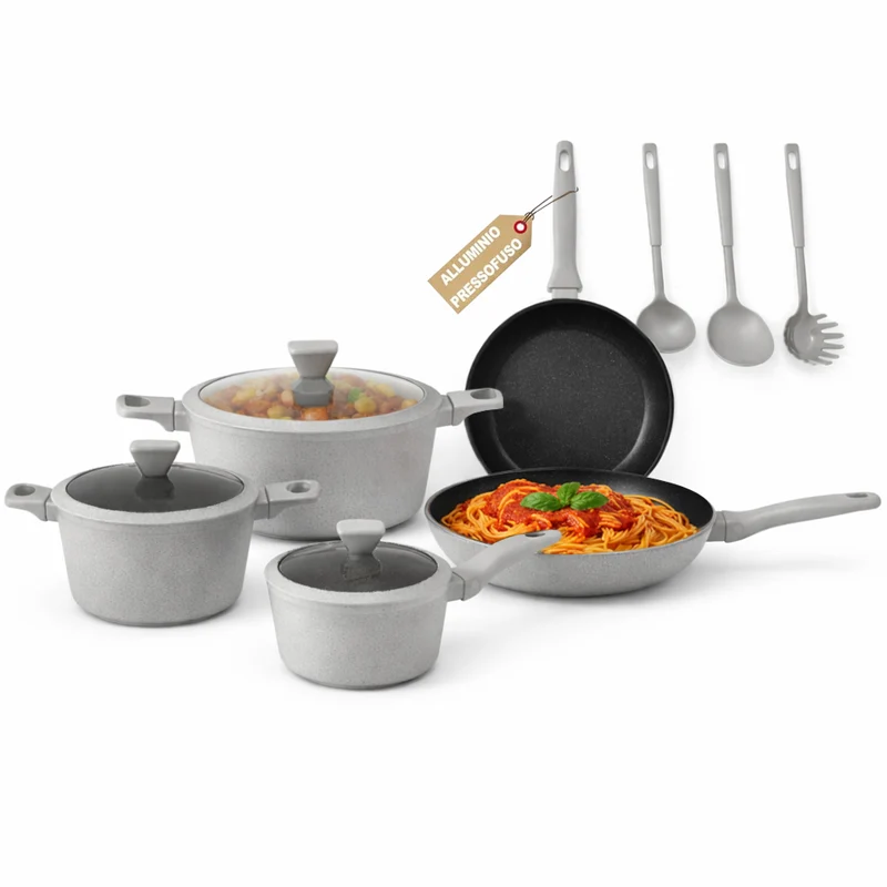 Set 11 Pezzi Batteria di Pentole Serena con 3 Mestoli in Alluminio Pressofuso Grigio