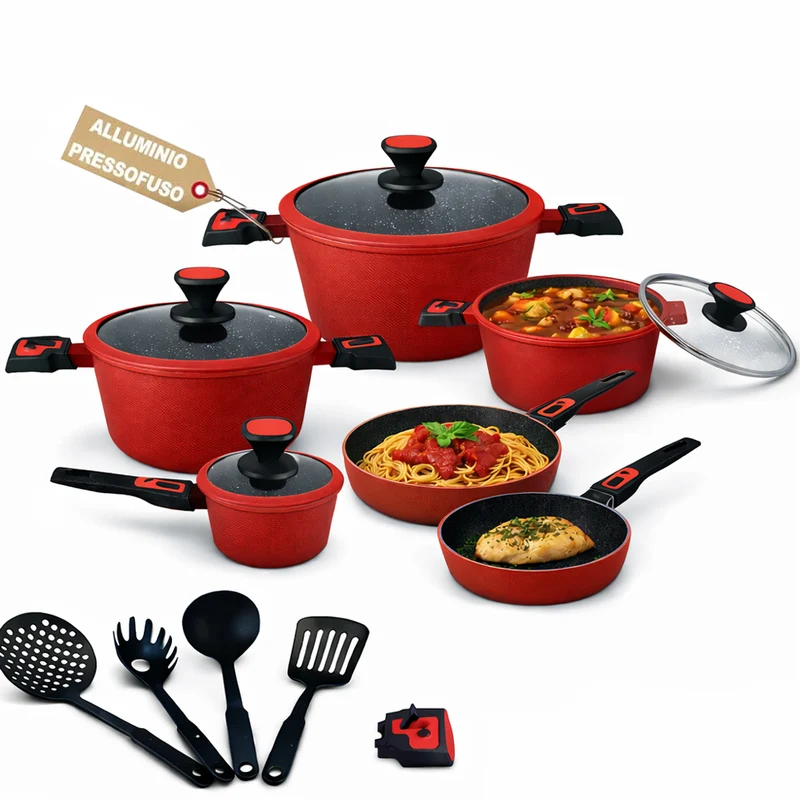 Set 24 Pezzi Batteria di Pentole Manici Removibili Rubino Suprem in Alluminio Pressofuso Rosso