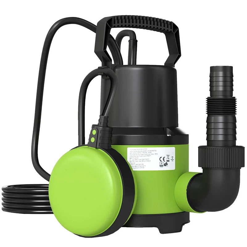 Pompa a Immersione 400W per Acqua Sporca/Pulita 7m Profondità Max 9,000L/h Gestisce Particelle fino a 15mm Interruttore a Galleggiante Verde