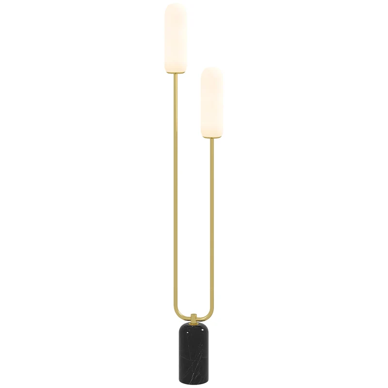 Lampada da Terra a U con 2 Luci 26x12x150 cm Interruttore a Pedale e Base in Marmo Bianco Nero e Oro