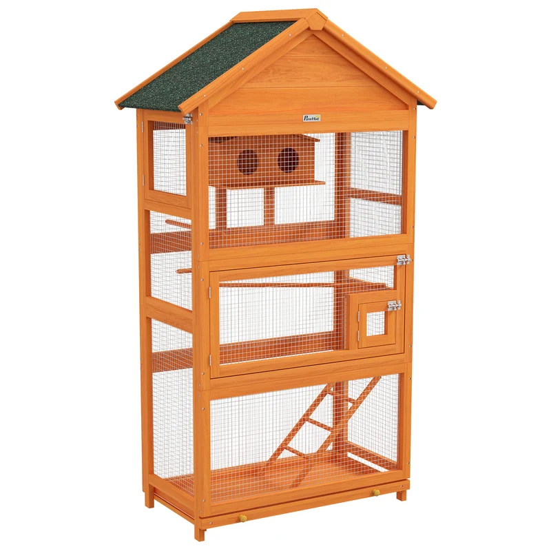 Voliera per Uccelli 92x52x171 cm a 3 Porte con Casetta Scaletta e Vassoio in Legno e Metallo Arancione e Verde