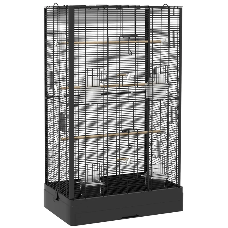 Gabbia per Uccelli 61x36.5x98 cm con Vassoio Estraibile e Posatoi Voliera per Pappagalli Nero