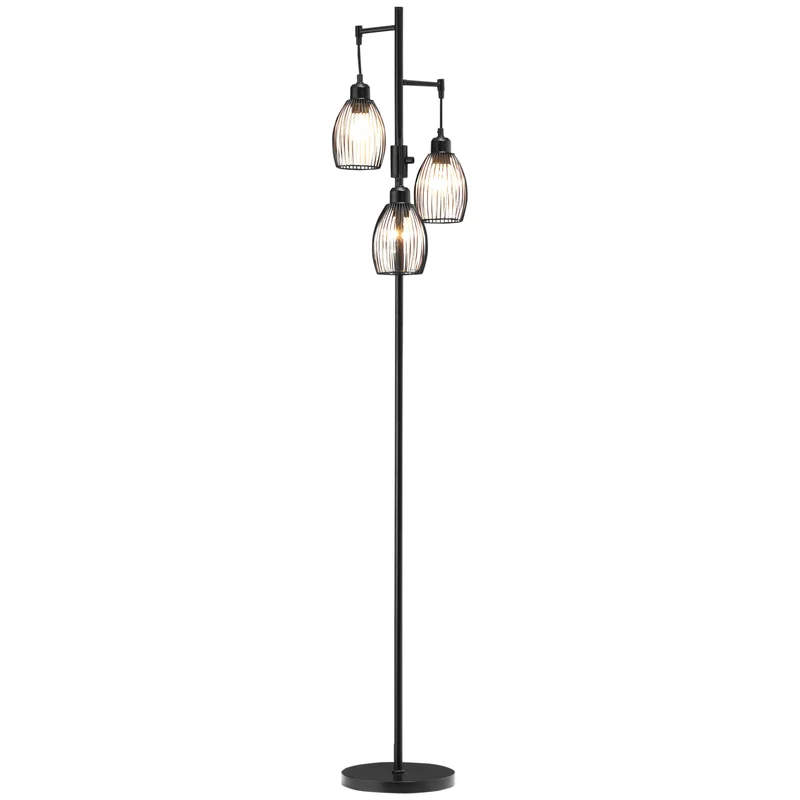 Lampada da Terra Industriale 30x30x170.5 cm con 3 Paralumi e Intensità Regolabile in Acciaio Nero
