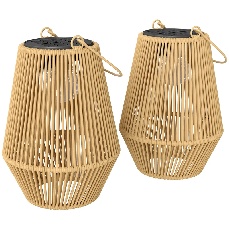 Set di 2 Lampade Solari 16x16x21 cm con Accensione e Spegnimento Automatico IP44 in Rattan Marrone