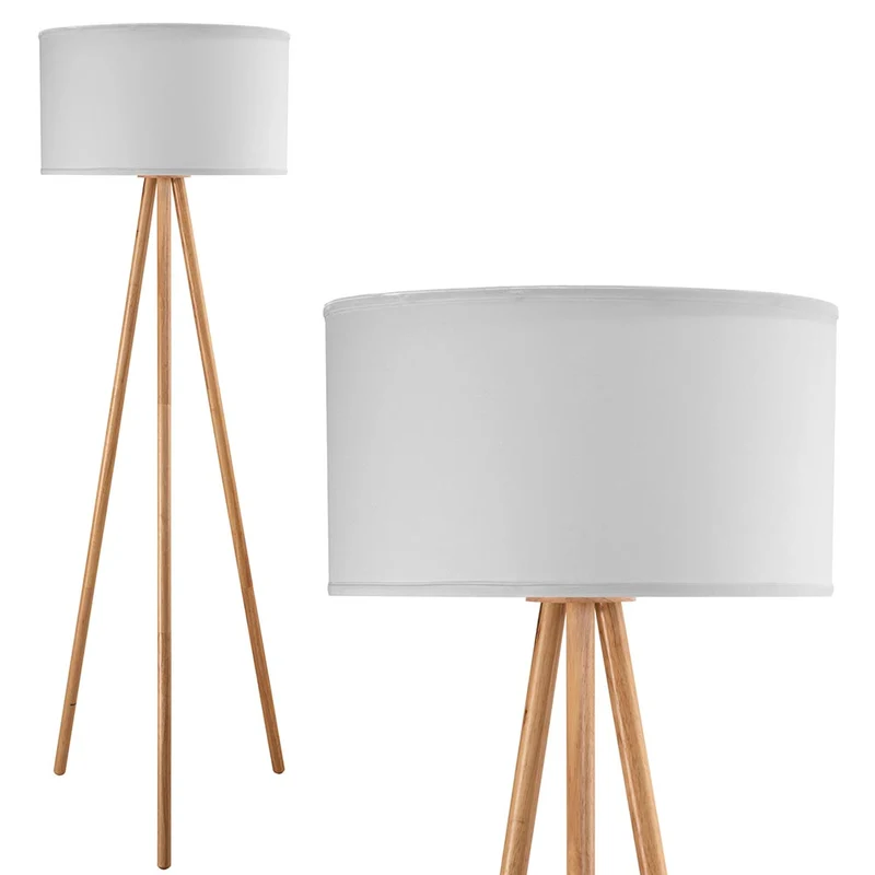 Lampada Piantana da Terra Design Moderno Attacco E27 Paralume in Tessuto Bianco Gambe in Legno
