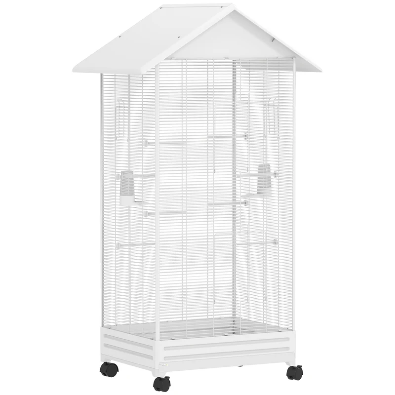 Gabbia per Uccelli Voliera 79x65x155 cm con Ruote in Acciaio Bianco