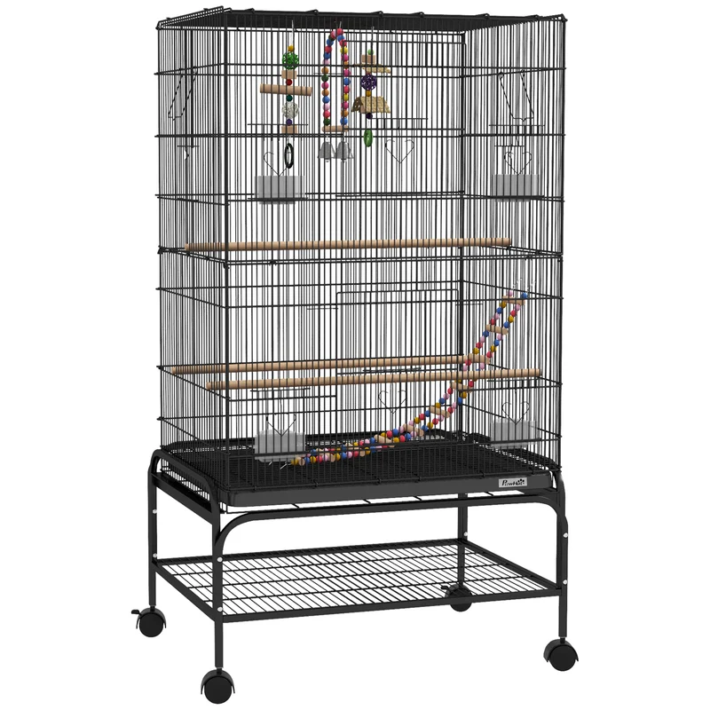 Gabbia per Uccelli 64x45x110 cm con Area Gioco Vassoio Estraibile e Mensola Nero
