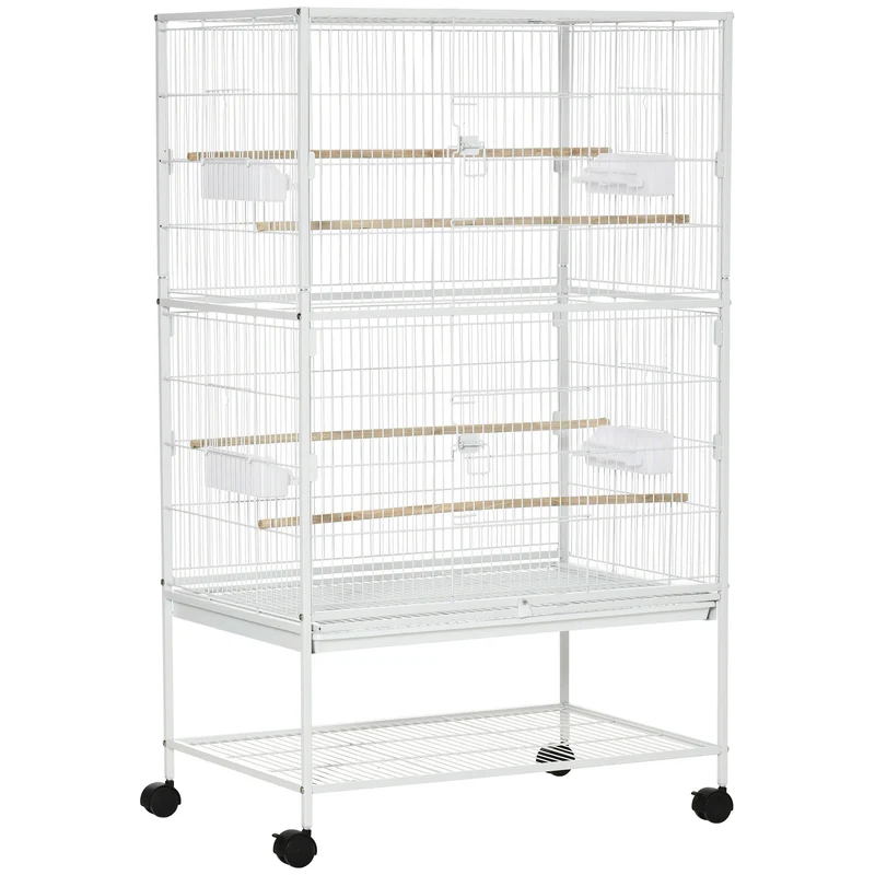 Gabbia per Uccelli da Interni 78x52x132 cm con Vassoio Estraibile 4 Ruote e Trespolo Bianco