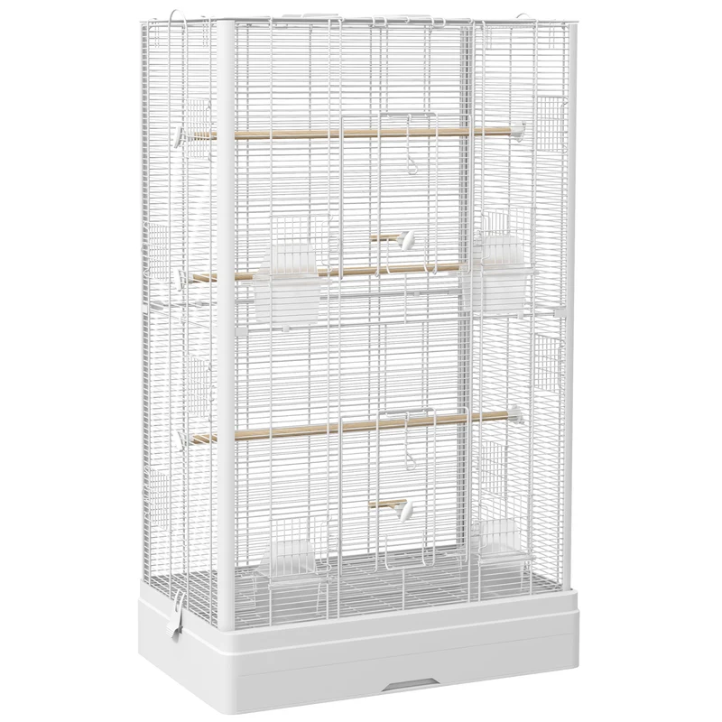 Voliera Gabbia per Uccelli 61x36,5x98 cm con Vassoio Estraibile e Posatoi per Pappagalli in Acciaio Bianco