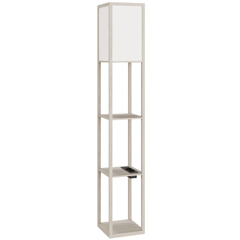 Lampada da Terra 26x26x160 cm Struttura con Ripiani Luce Regolabile Interruttore a Pedale e Porte USB in MDF Bianco e Rovere