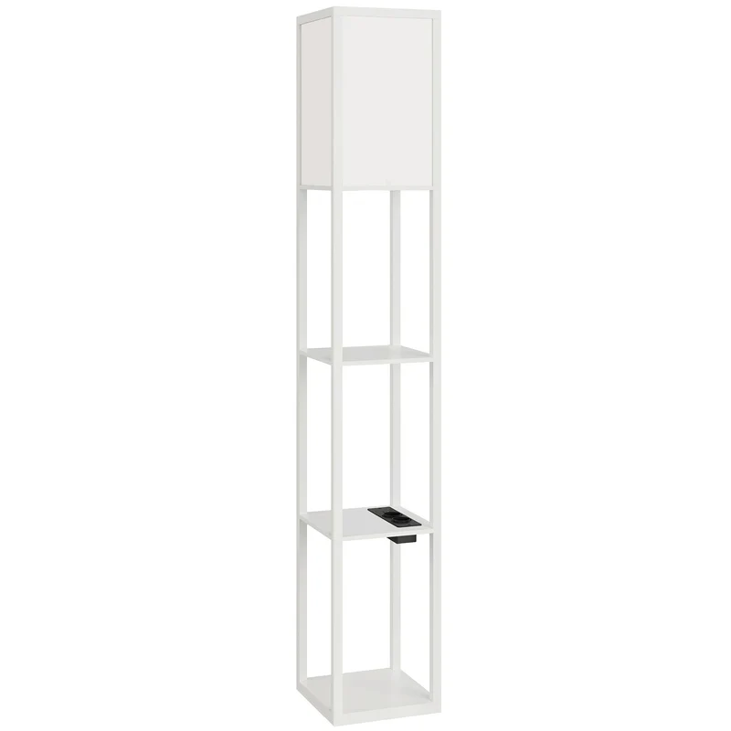 Lampada da Terra 26x26x160 cm Struttura con Ripiani Luce Regolabile Interruttore a Pedale e Porte USB in MDF Bianco