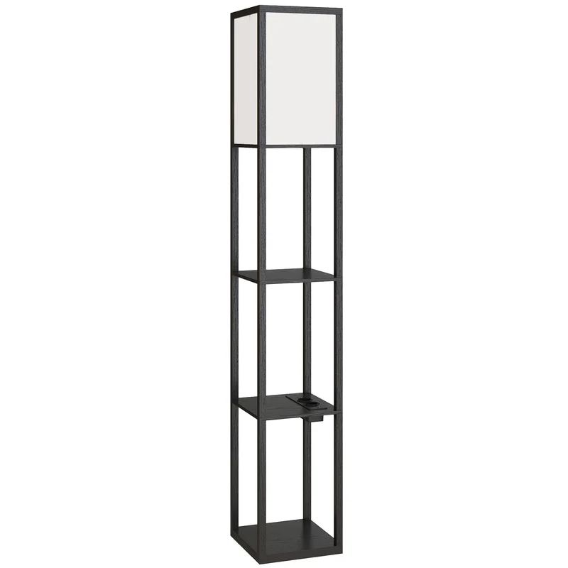 Lampada da Terra 26x26x160 cm Struttura con Ripiani Luce Regolabile Interruttore a Pedale e Porte USB in MDF Nero