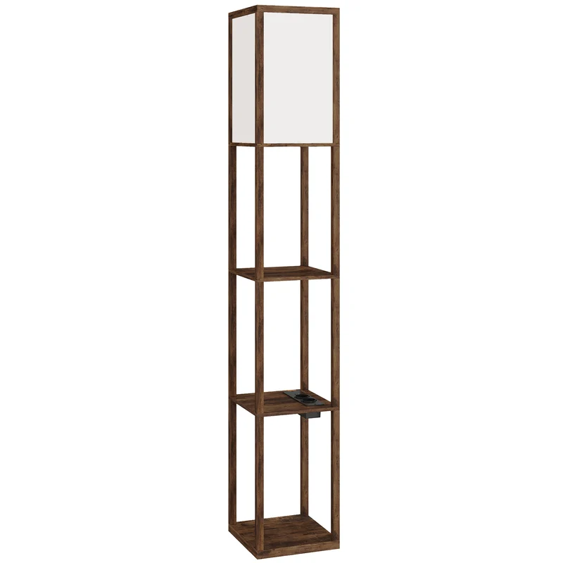 Lampada da Terra 26x26x160 cm Struttura con Ripiani Luce Regolabile Interruttore a Pedale e Porte USB in MDF Marrone