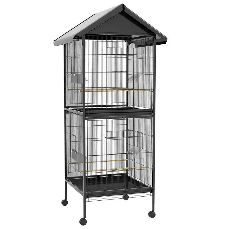 Voliera Gabbia per Uccelli 71,8x71,8x170,2 cm con Vassoi Estraibili in Plastica e Posatoi in Metallo Nero