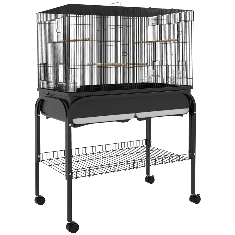 Voliera Gabbia per Uccelli da Interno 85x49x119 cm con Vassoio Ripiano e Ruote con Freno Nero