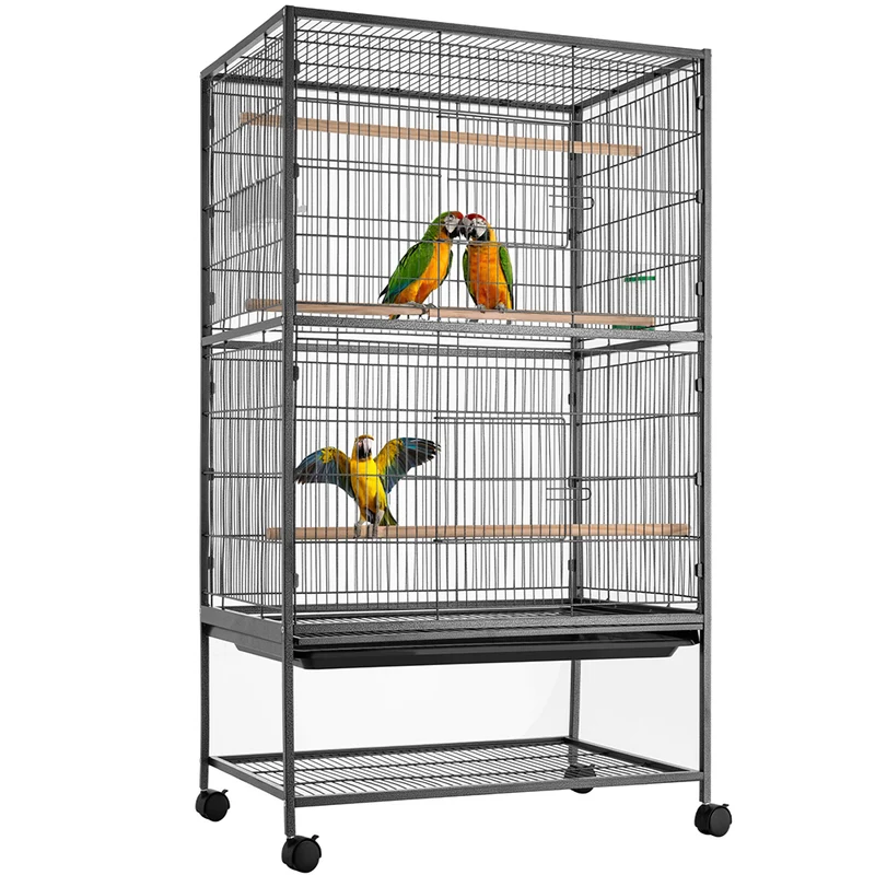 Gabbia Voliera per Uccelli 135x78x52 cm Pappagalli con Vassoio Estraibile e Ruote Nero