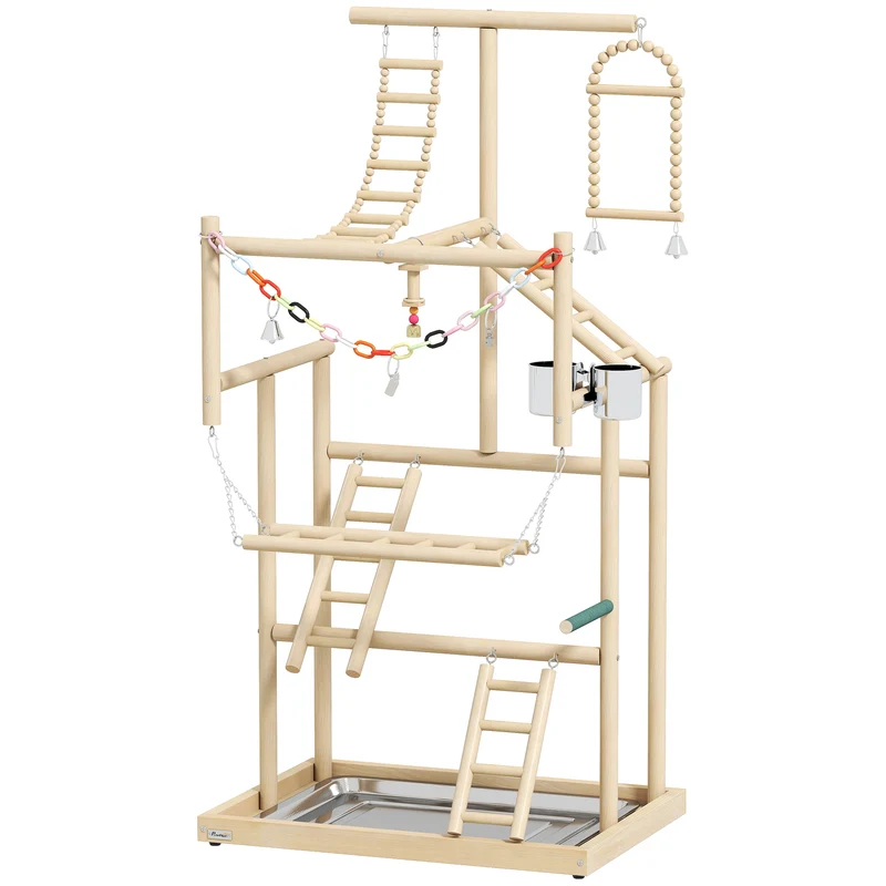Trespolo per Pappagalli 48x38x95 cm con Giochi Vassoio Rimovibile e Posatoi in Legno Naturale