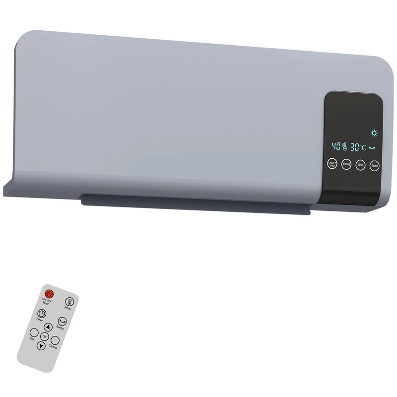 Termoventilatore da Parete Oscillante 54,5x12x21,5 cm 2 Modalità Timer 12h e Telecomando Grigio