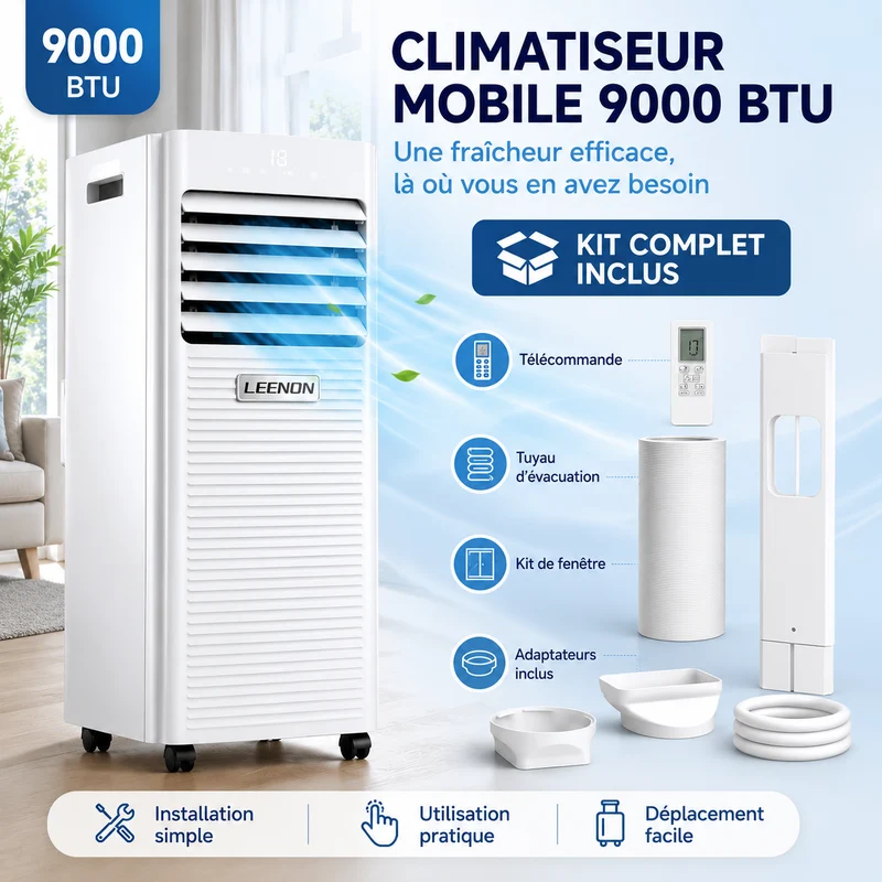 Climatiseur Mobile Portable 3-en-1 9000 BTU pour Chambre, Bureau et Petites Pièces