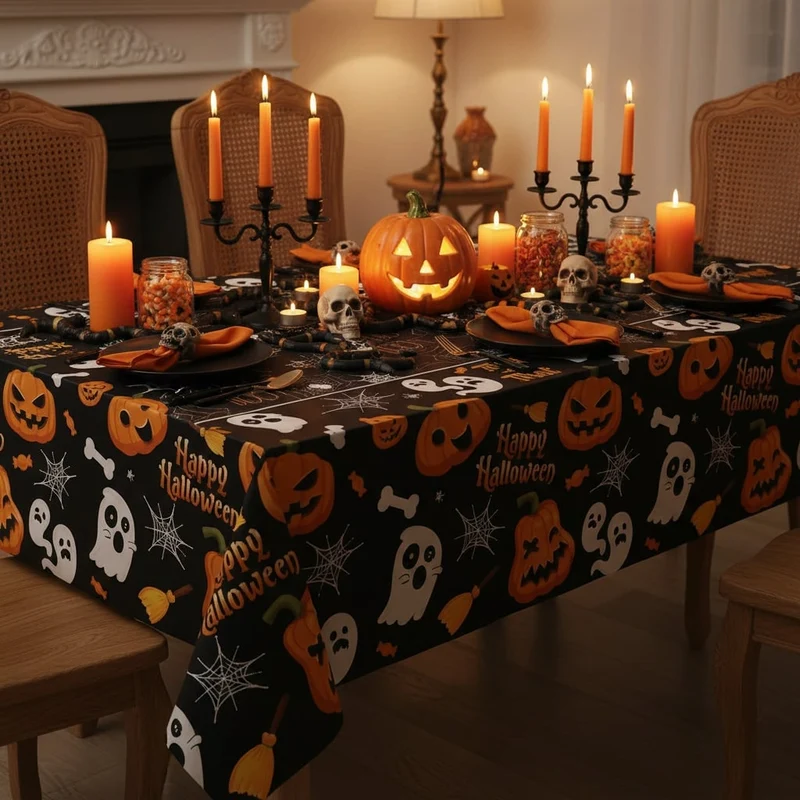 Halloween Tablecloth with Pumpkin, Ghost, and Spiderweb Design for Party Decorations