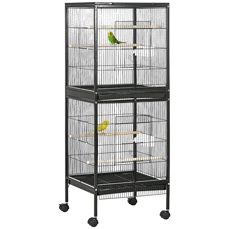 Gabbia Voliera per Uccelli per Interni 51,5x50x140 cm con Ruote e Vassoi Estraibili Nero