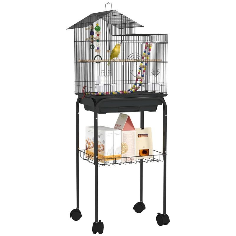 Gabbia per Uccelli con Piedistallo 46x36x120 cm Ruote Girevoli Ripiano e Accessori Nero