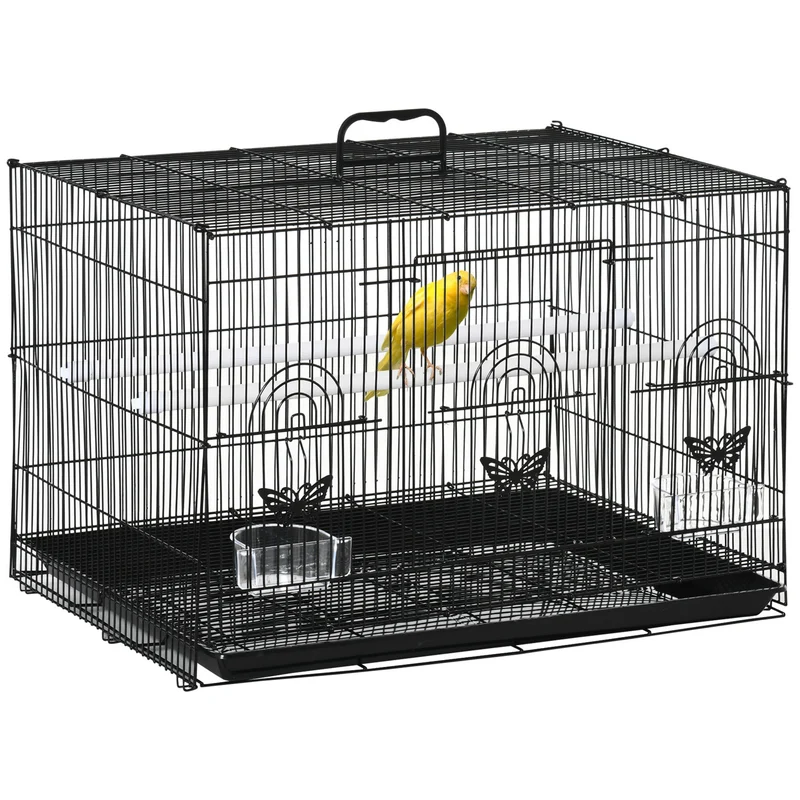 Gabbia per Uccelli 60x41x41 cm con 2 Posatoi e 3 Ingressi in Filo Metallico e Plastica Nero