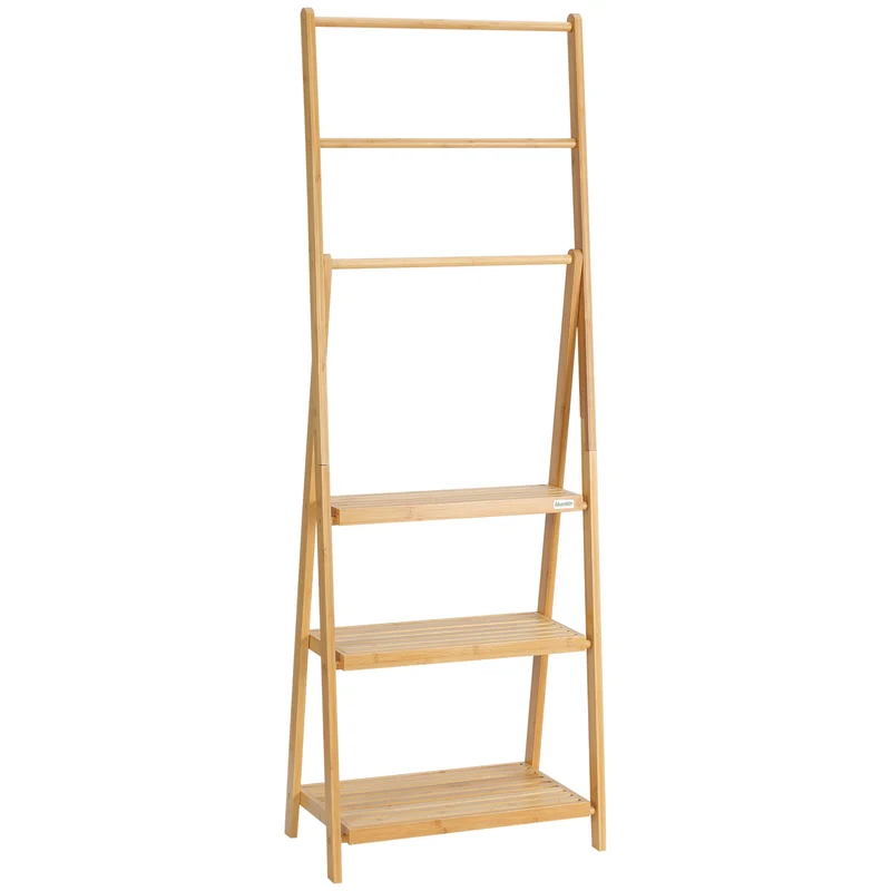 Portasciugamani Bagno Multiuso 53x30,5x152 cm Pieghevole con 3 Barre e 3 Ripiani in Legno Naturale